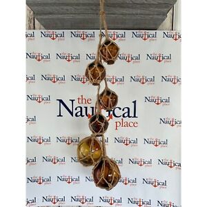 6 Amber Glass Fishing Floats On Rope Fish Net Buoy Ball Nautical Beach Decor