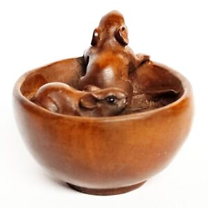Y8317 2 Hand Carved Boxwood Netsuke Figurine Carving 2 Mice In Bowl
