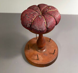 Antique Vintage Shaker Sewing Stand Silk Brocade Pin Cushion Spool Thread Holder