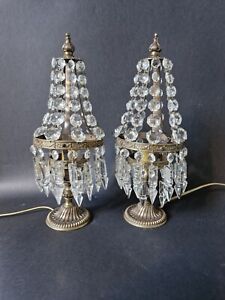 Antique Vintage Pair French Brass Crystals Empire Style Boudoir Table Lamps