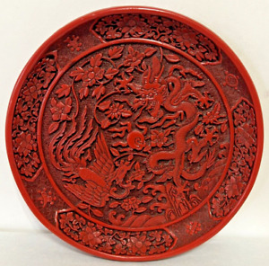 Chinese Red Lacquer Plate Decorative Carved Red Cinnabar With Dragon And Phoenix