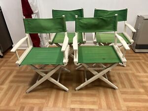 Vintage Director Chair Set Of 4 Telescope Canvas Wood Folding Wooden Patio Green