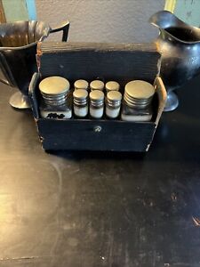 Antique Apothecary Travel Set 8 Bottles German Silver Tops Blank Labels