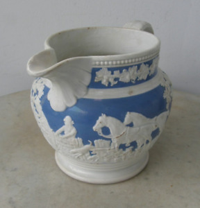 English Milk Pitcher White Blue Relief Design Horses Dogs Hunting English 1840 S