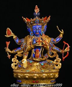 10 Nepal Lapis Lazuli Gems Gold Filigree 3 Head 8 Arms Guanyin Buddha Statue