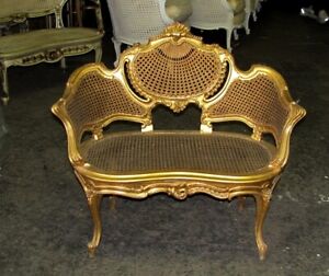 French Gilt Cane Caned Rococo Petite Canap Chair Settee