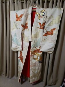 Kimono Japan Wedding Dress Uchikake Hand Made Japanese Cranes And Pine Leaves