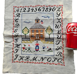 Vintage Cross Stitch Embroidered Sampler Panel Finished Schoolhouse Teacher Art