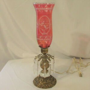 Vtg Cranberry Cut To Clear Mantle Lamp W Ornate Pineapple Metal Base Crystals