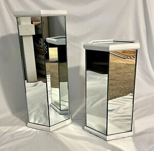 2 Postmodern Mirrored Hexagon Pedestals With White Wooden Trim Stand Table