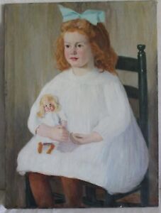 Lg 30 Antique Folk Art Portrait Little Girl Doll Country Oil Painting Primitive