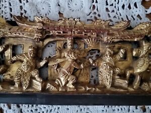 Chinese Gold Gilt Lacquer Battling Warriors Horses Wood Carved Wall Panel As Is