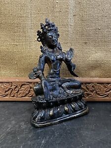 Antique Chinese Black Bronze White Tara Goddess Flower Buddha Seat Lotus Statue