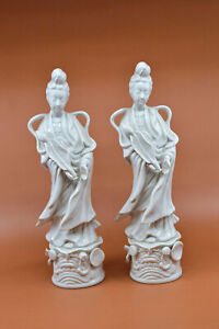 Vintage Japanese Pair White Porcelain Statues 12 Inches Tall