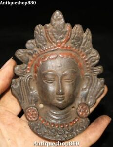 11cm Old Tibet Bronze Painting Tara Goddess Buddha Head Bust Mask Amulet Statue