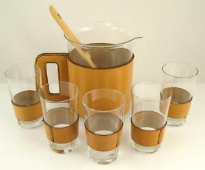 Old 1950s 60s Set Of 5 Glasses Pitcher Carl Aubock Aub Ck Leather Glass Bamboo