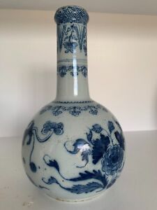 English 18th C Blue White Delftware Water Bottle Juglet Probably Liverpool