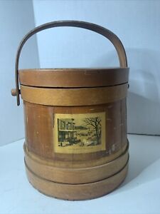 Vintage Primitive Firkin Wood Sugar Bucket W Handle Large 10 D Farmhouse