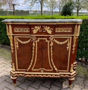 Antique Elegance Mahogany Beech Bahut Buffet With Marble Top Bronze Accents