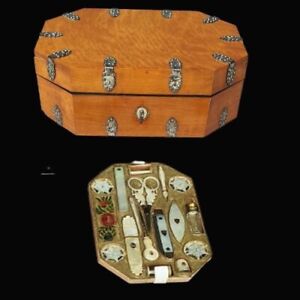 Rare Antique France Sewing Kit Wooden Box Treasure With Its Original Key 1820