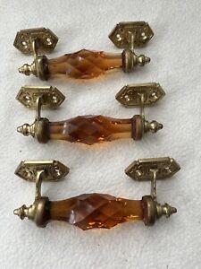 Set 3 Vintage Drawer Pulls Orange Amber Glass Brass Ornate India 6 