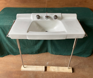 Vtg Mid Century White Console Bath Sink Chrome Legs Towel Bars Old 133 24e