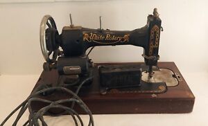 Antique White Rotary Portable Sewing Machine In Wood Carry Case 