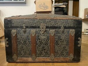 Antique Camel Top Steamer Trunk Ornate Metallic 1800 S Victorian Dome Chest