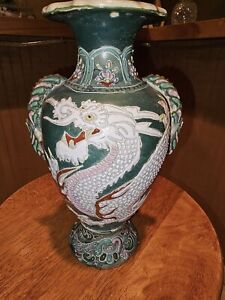 Japanese Soft Paste Moriage Dragon Satsuma Vases Hand Painted Porcelain