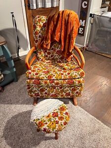 Vintage Mid Century Modern Retro Floral Rocker Chair W Matching Ottoman 50s 60s