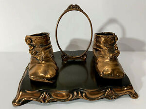 Antique 1800 S Victorian Bronzed Button Down Baby Shoes Oval Picture Frame