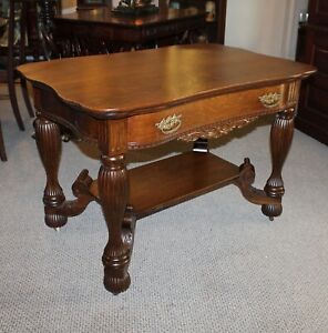 Antique Fancy Oak Library Or Small Desk Table
