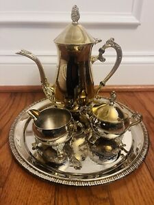 International Silver Co 5 Pc Electroplated 24k Gold Plated Tea Set Coffee Pot