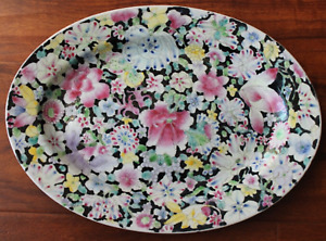 Old Antique Chinese Famille Noir Mille Fleur Large Porcelain Plate