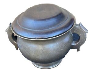 Late Ming Dynasty Bronze With Silver Wire Inlaid Censer Wooden Lid Imark