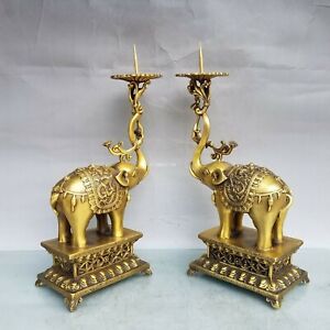 Pair 12 Brass Auspicious Animal Blessing Fortune Peace Elaphant Candlesticks