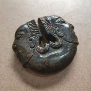 China Antique Iron Stone Hongshan Culture Two Face Statue Pendant