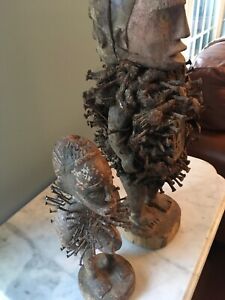 Two Rare Antique African Bakongo Nkisi Nkondi Statues Nail Fetish Congo Africa