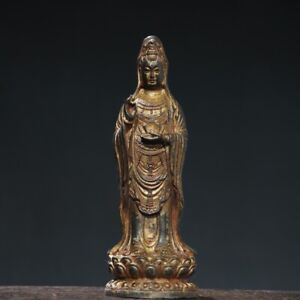 Chinese Antique Bronze Cinnabar Guanyin Buddha Statue