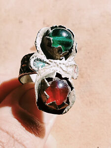 Rare Ancient Silver Viking Ring With Red Green Stones Amazing Artifact Authentic