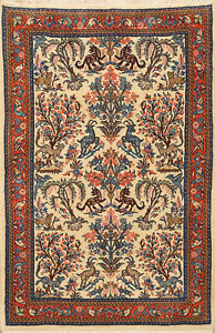 Vegetable Dye Floral Animal Design Saroouk Ivory Wool Hand Knotted Area Rug 4x5
