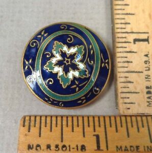 Antique Enamel Button 1 1900ish 1 Piece Brass Floral Design Medium
