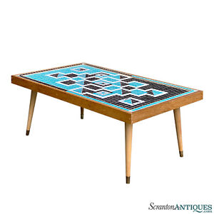Mid Century Atomic Mosaic Turquoise Porcelain Tile Top Coffee Table