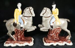 Staffordshire Pair Figures Man And Woman On Horseback 10 5 Tall