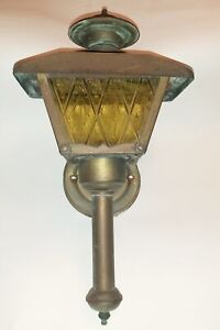 Antique Copper Brass Amber Glass Mission Arts Craft Wall Porch Lantern Light