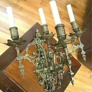 Very Rare French Antique Bronze Four Arms Chandeliers Pair Sconces 20 X13 X13 