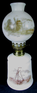 Antique Miniature Gwtw Oil Lamp White Glass Windmill Sailboat Cottage Motif