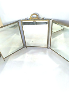 Antique Tri Fold Travel Vanity Beveled Mirror Brass Hanging Or Standing