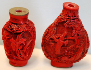 Set 2 Carved Chinese Red Cinnabar Signed Antique Perfume Snuff Bottles No Caps
