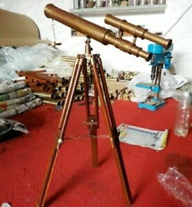 18 Brass Nautical Double Barrel Telescope Brown Polished Handmade Tripod Stand